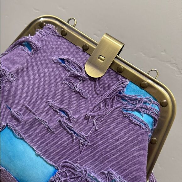 Unique Colorblock Cowhide Leather with Ripped Canvas, Metal Frame Bag, Crossbody - Picture 13 of 16